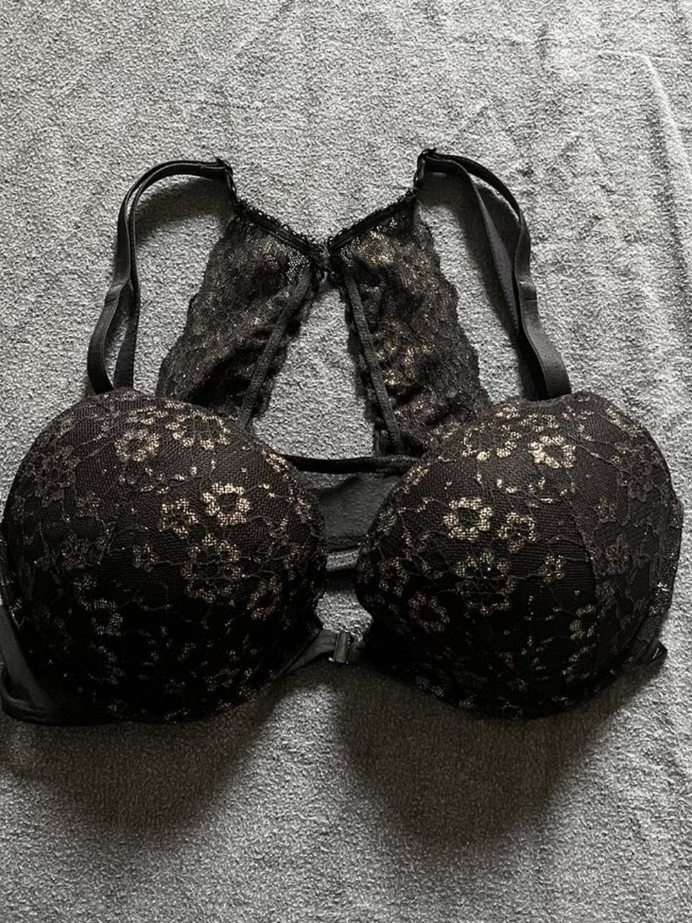 Victoria Secret Bra Push Up Black Gold Metallic Lace Front Close Underwire
